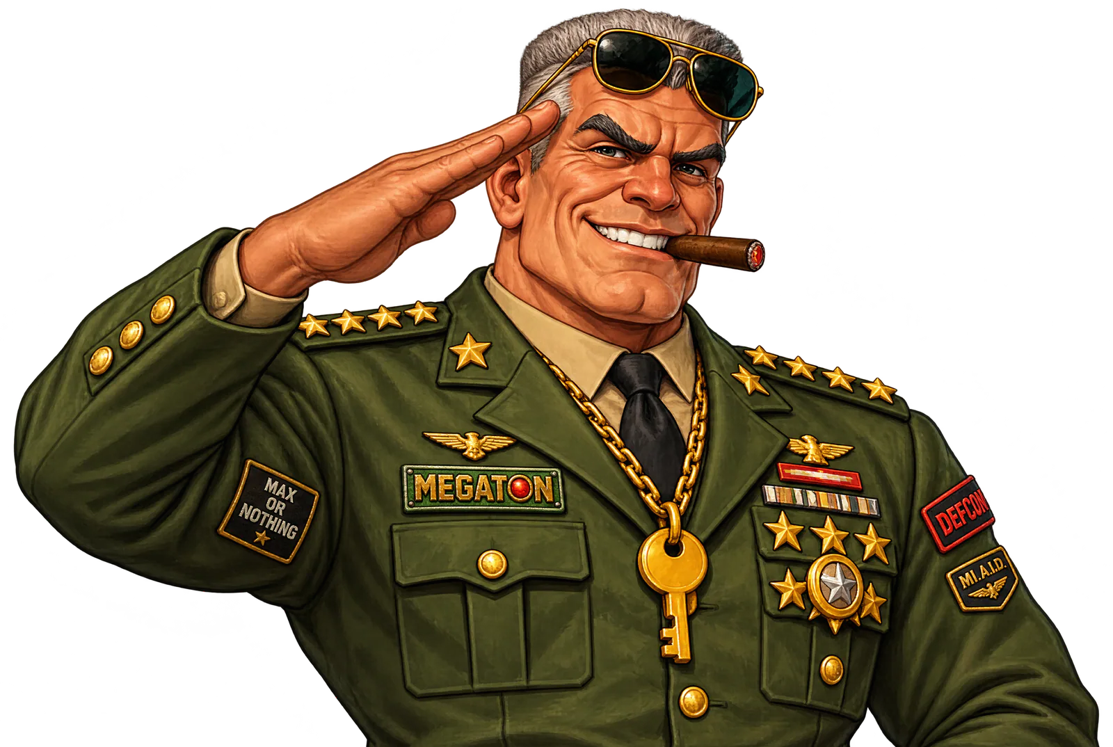 General Brass saluting, cigar in his grin, the launch key on a gold chain