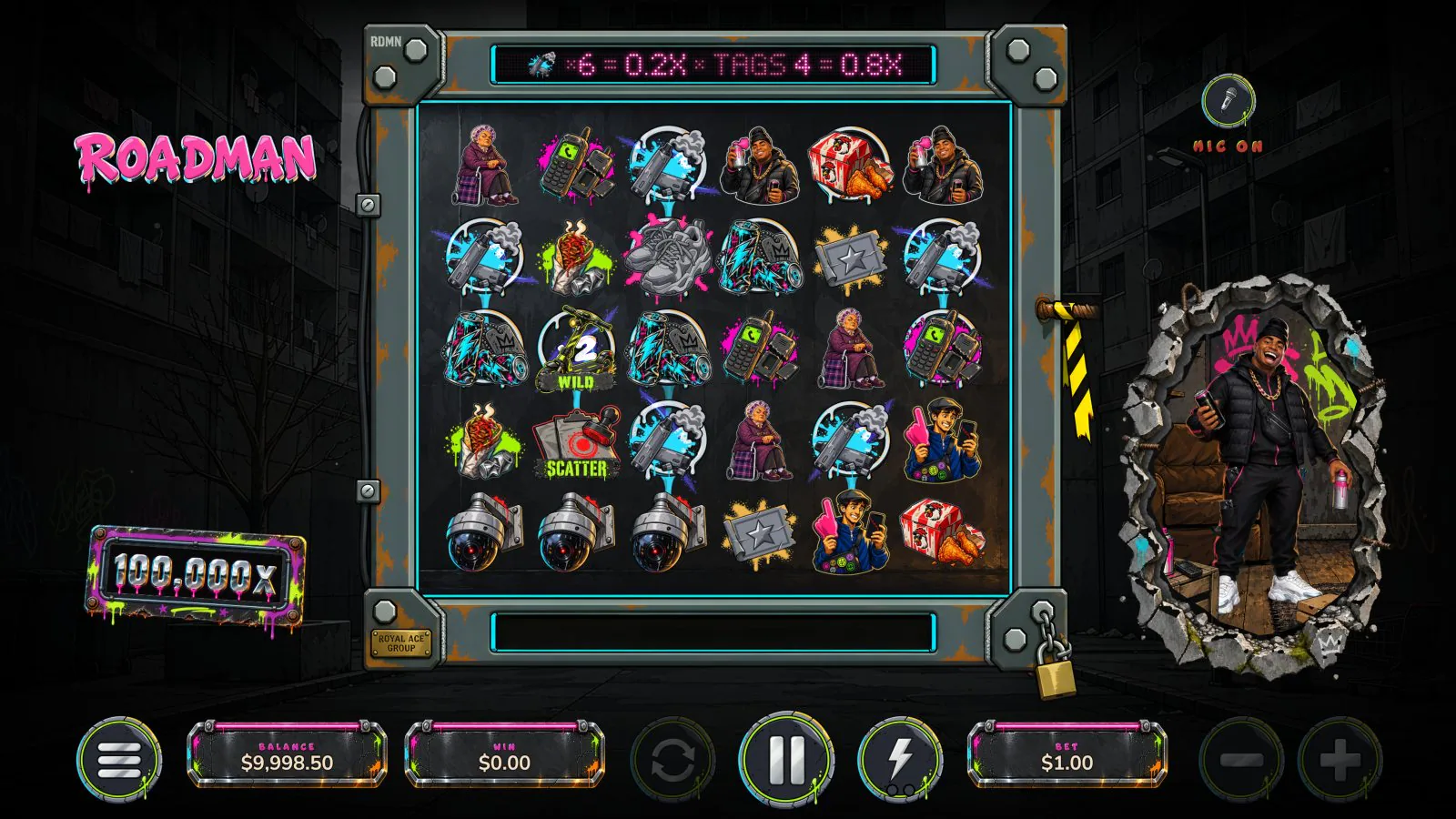 ROADMAN in play on the submitted build: a six-symbol win over tagged cells, the board sign reading the tag sum