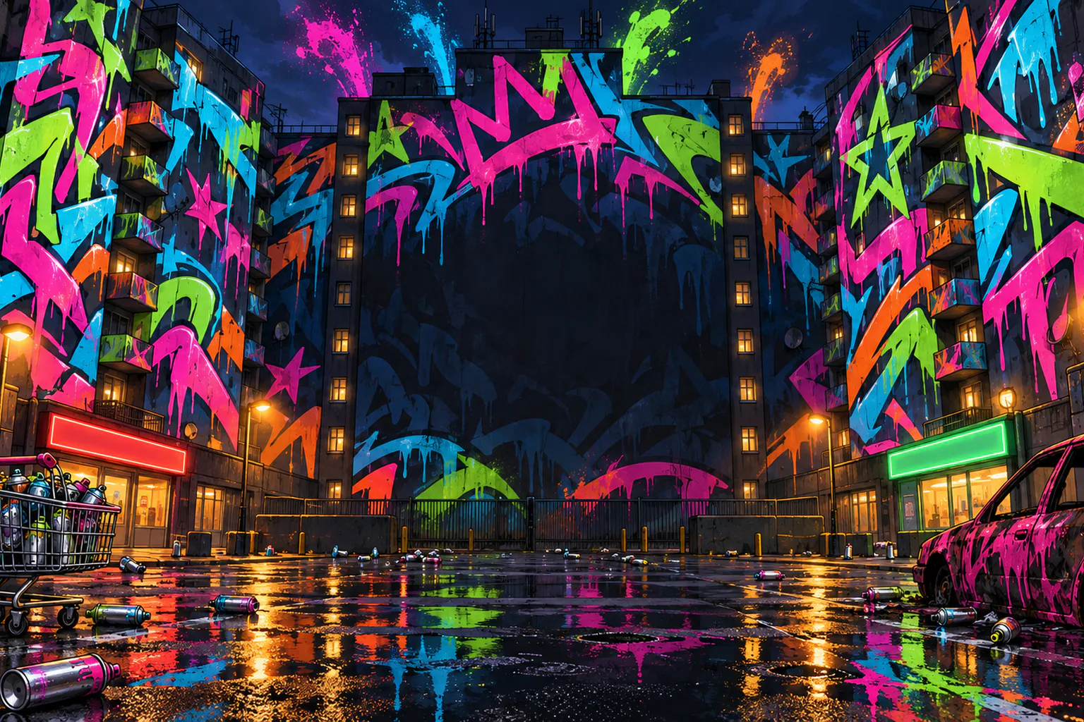 A wall-to-wall neon graffiti mural on the estate