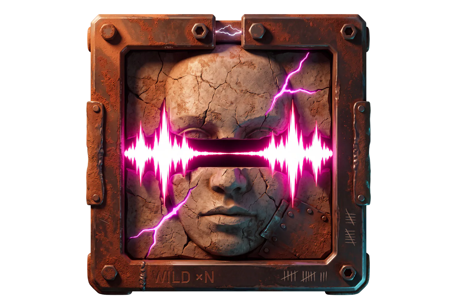 The strobe wild symbol: a face cast in Martian regolith, split by a glowing waveform